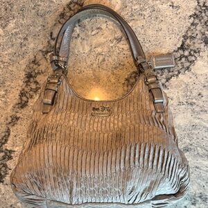 Coach Pleated Silver Leather Shoulder Bag with Buckle Straps